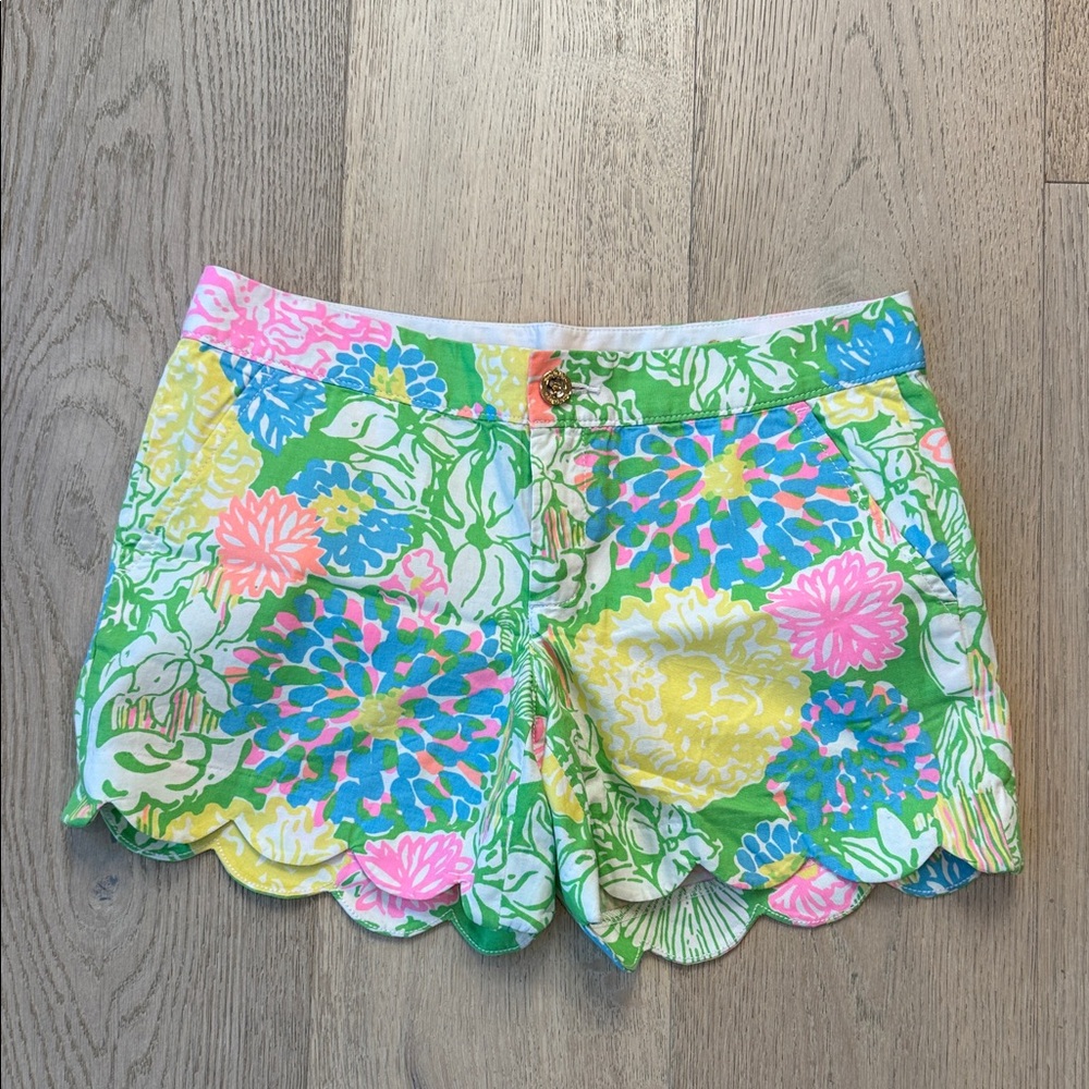 Lilly Pulitzer Buttercup Shorts – Green Floral Print, Size 2, 100% Cotton, NWOT